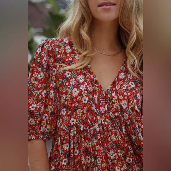 Dreamcatcher Skylar Mini Dress Red Floral Tiered Boho Hippie Size S 8 - NWT - Picture 4 of 14